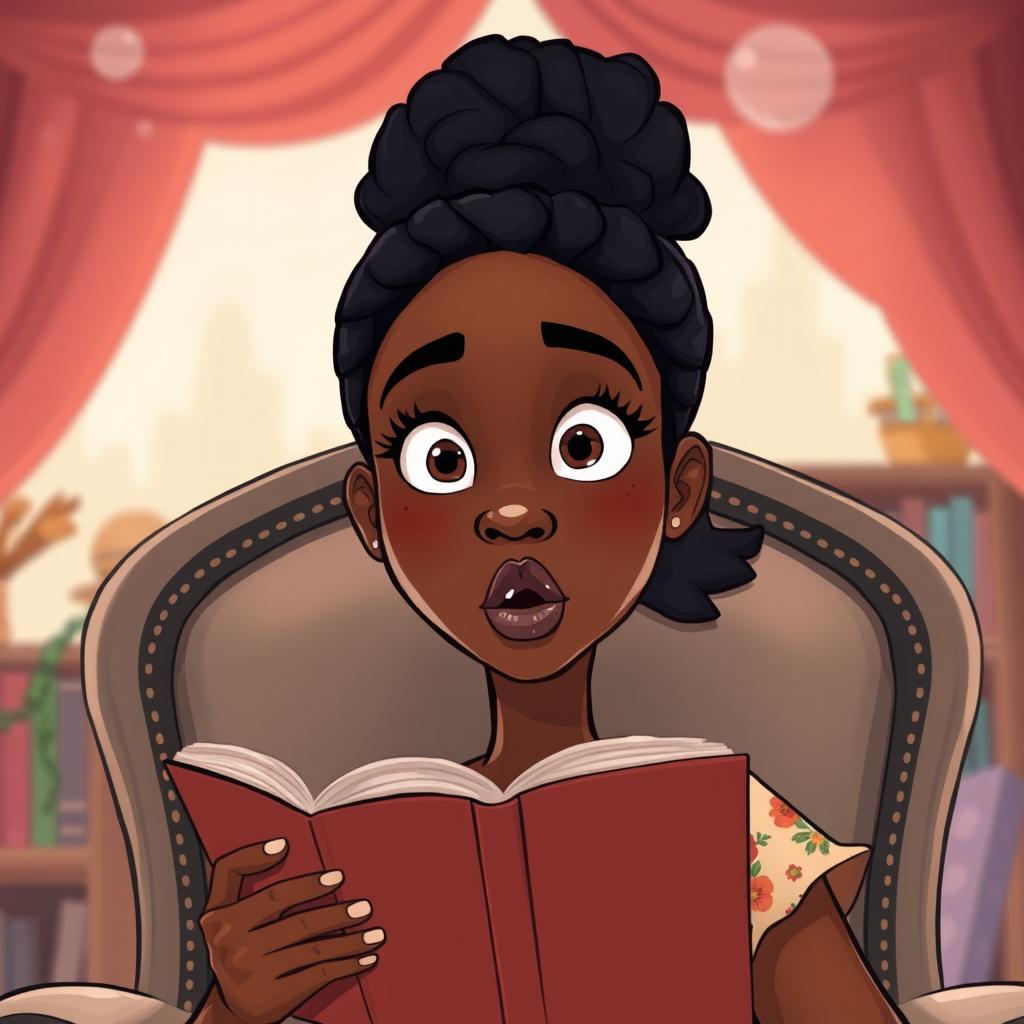 A close-up cartoon illustration of the face of a tall, slender mixed woman with beautiful brown skin and curly black hair, exhibiting a straight face and a surprised expression