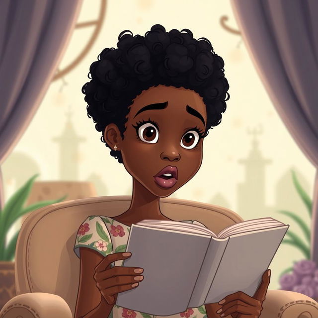 A close-up cartoon illustration of the face of a tall, slender mixed woman with beautiful brown skin and curly black hair, exhibiting a straight face and a surprised expression