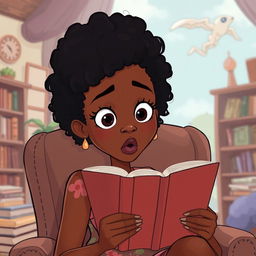 A close-up cartoon illustration of the face of a tall, slender mixed woman with beautiful brown skin and curly black hair, exhibiting a straight face and a surprised expression