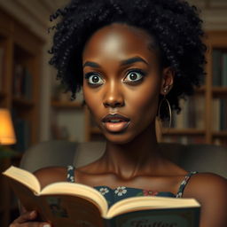 A realistic portrait of the face of a tall, slender mixed woman with smooth brown skin and curly black hair, showcasing a straight face with a surprised expression
