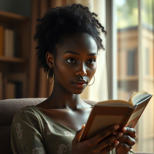 A realistic portrait of the face of a tall, slender mixed woman with smooth brown skin and curly black hair, showcasing a straight face with a surprised expression