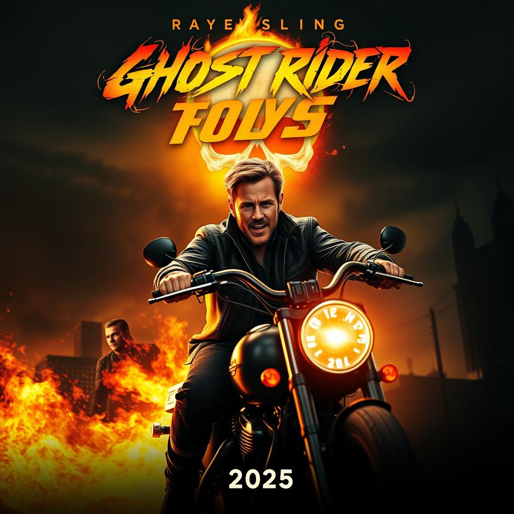 An electrifying teaser poster for 'Ghost Rider (2025)', featuring Ryan Gosling as the iconic anti-hero