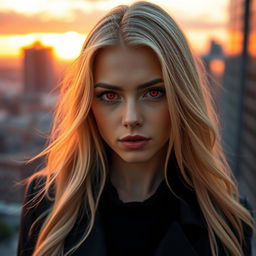 A stunning blonde woman with striking red eyes, showcasing a captivating expression