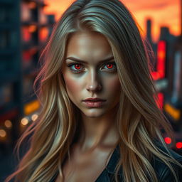 A stunning blonde woman with striking red eyes, showcasing a captivating expression