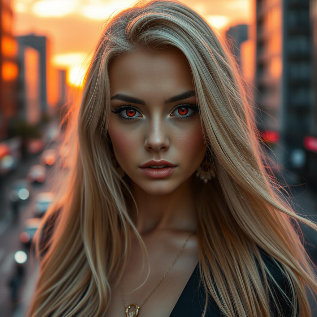 A stunning blonde woman with striking red eyes, showcasing a captivating expression