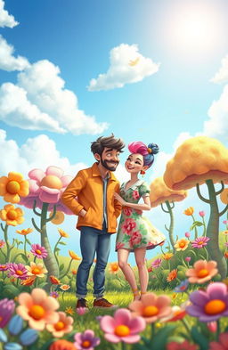 A beautiful scene depicting a mismatched couple, featuring a whimsical cartoon style