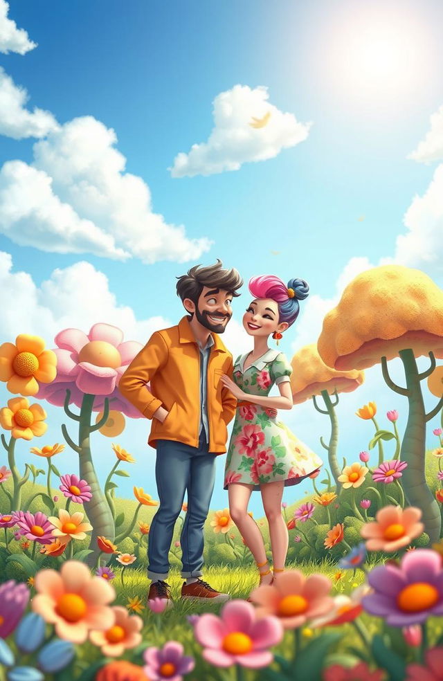 A beautiful scene depicting a mismatched couple, featuring a whimsical cartoon style