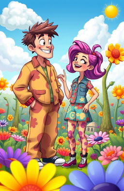 A beautiful scene depicting a mismatched couple, featuring a whimsical cartoon style