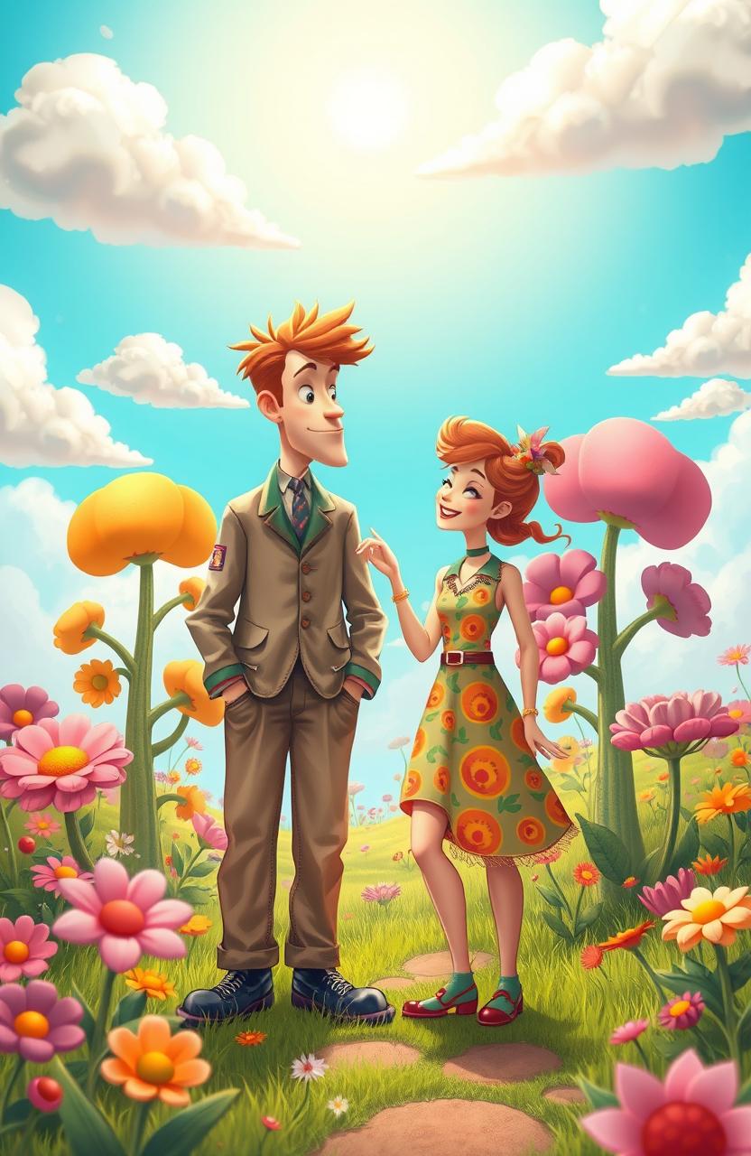 A beautiful scene depicting a mismatched couple, featuring a whimsical cartoon style