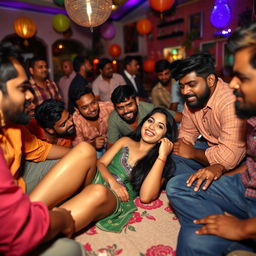 A scene set at a lively house party with a fun atmosphere, featuring a cute Indian girl with long, sexy legs