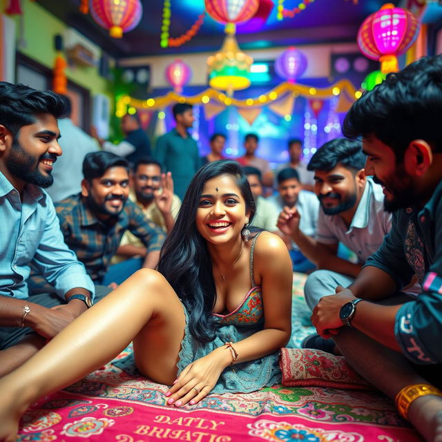 A scene set at a lively house party with a fun atmosphere, featuring a cute Indian girl with long, sexy legs