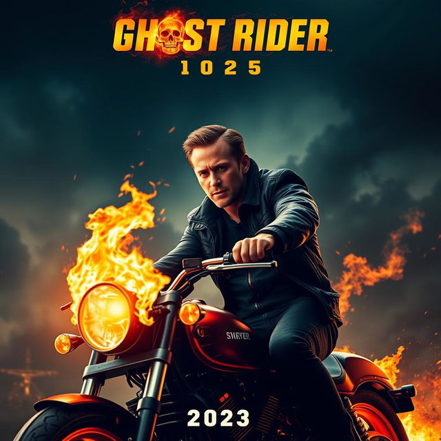 An electrifying teaser poster for 'Ghost Rider (2025)', featuring Ryan Gosling as the iconic anti-hero