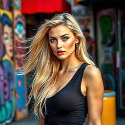 A beautiful blonde woman with striking red eyes, standing confidently in a vibrant urban setting