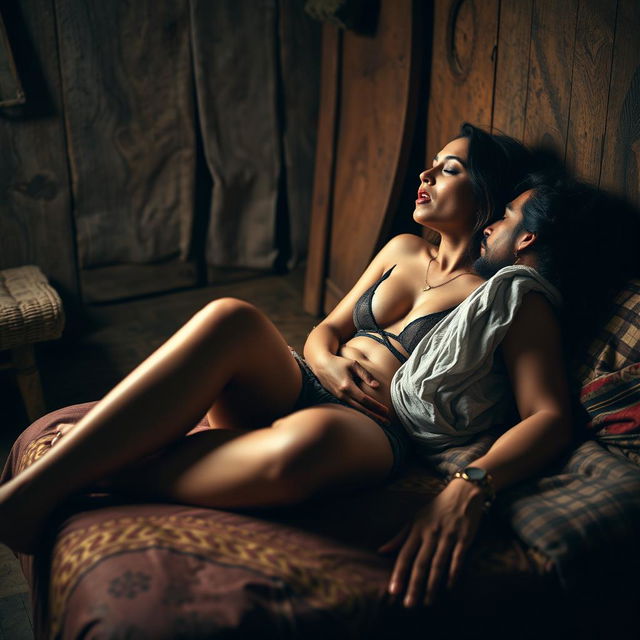 A scene set in a modest lodge room, featuring a sensual Indian woman with long, sexy legs lying on the bed