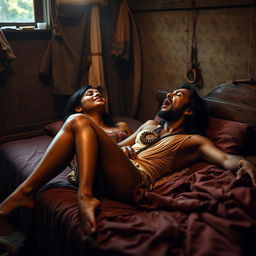 A scene set in a modest lodge room, featuring a sensual Indian woman with long, sexy legs lying on the bed