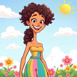 A lively cartoon illustration of a tall, slender woman with a bright smile