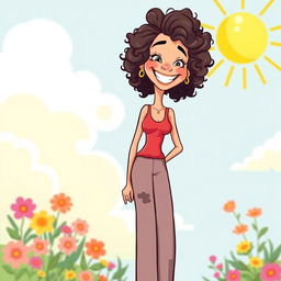 A lively cartoon illustration of a tall, slender woman with a bright smile