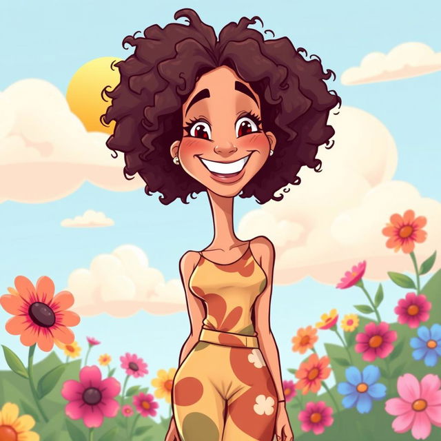 A lively cartoon illustration of a tall, slender woman with a bright smile