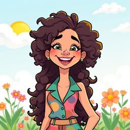 A lively cartoon illustration of a tall, slender woman with a bright smile
