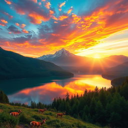 A majestic scene depicting glory in nature, featuring a breathtaking sunset over a mountain range