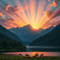 A majestic scene depicting glory in nature, featuring a breathtaking sunset over a mountain range