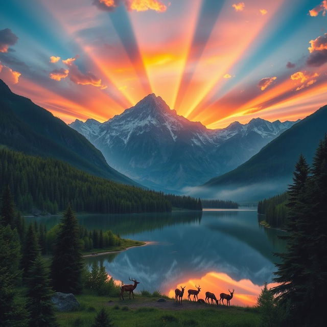 A majestic scene depicting glory in nature, featuring a breathtaking sunset over a mountain range