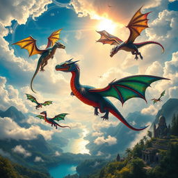 A breathtaking scene featuring majestic fantasy dragons soaring through a vibrant sky filled with swirling clouds