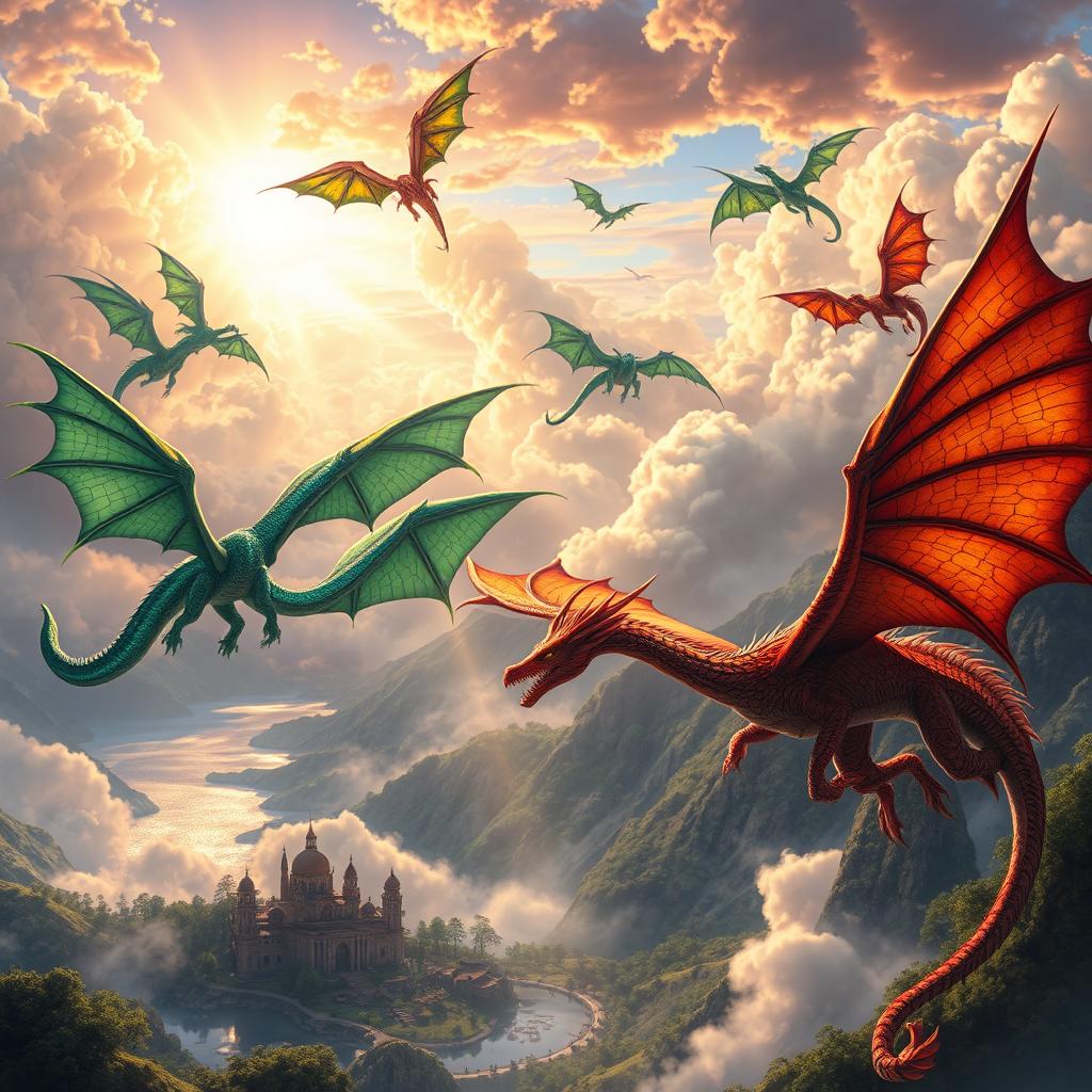 A breathtaking scene featuring majestic fantasy dragons soaring through a vibrant sky filled with swirling clouds