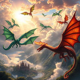 A breathtaking scene featuring majestic fantasy dragons soaring through a vibrant sky filled with swirling clouds