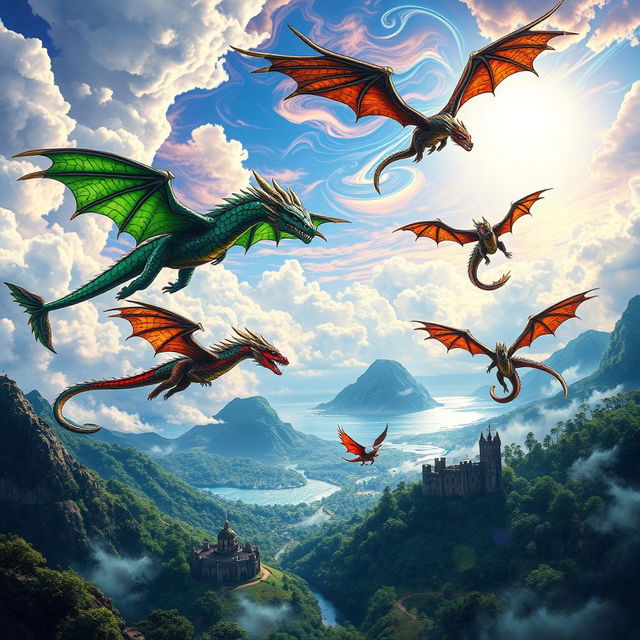 A breathtaking scene featuring majestic fantasy dragons soaring through a vibrant sky filled with swirling clouds