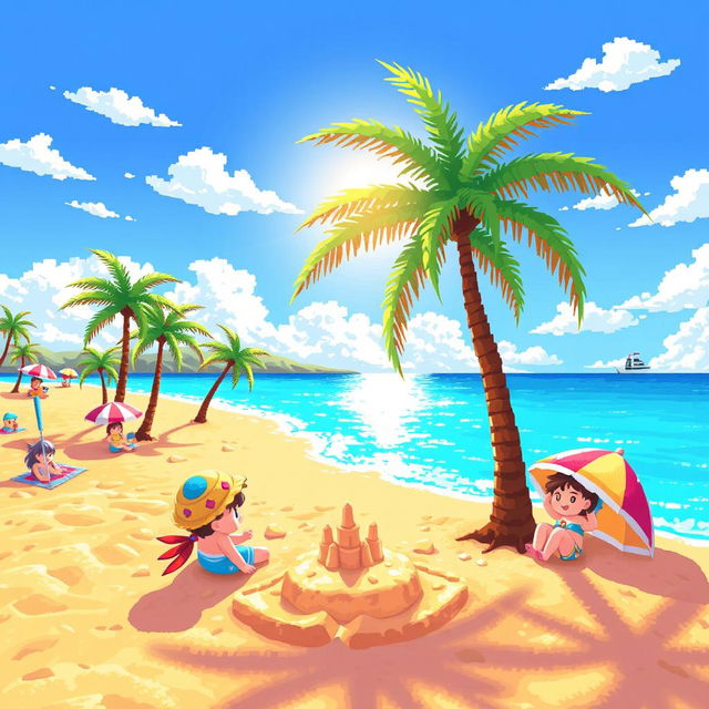 A vibrant pixel art beach scene featuring golden sand, crystal clear blue water, and colorful beach umbrellas