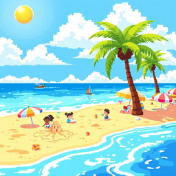 A vibrant pixel art beach scene featuring golden sand, crystal clear blue water, and colorful beach umbrellas