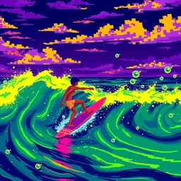 A pixel art scene featuring a surfer riding a wave in a radioactive ocean