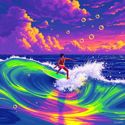 A pixel art scene featuring a surfer riding a wave in a radioactive ocean