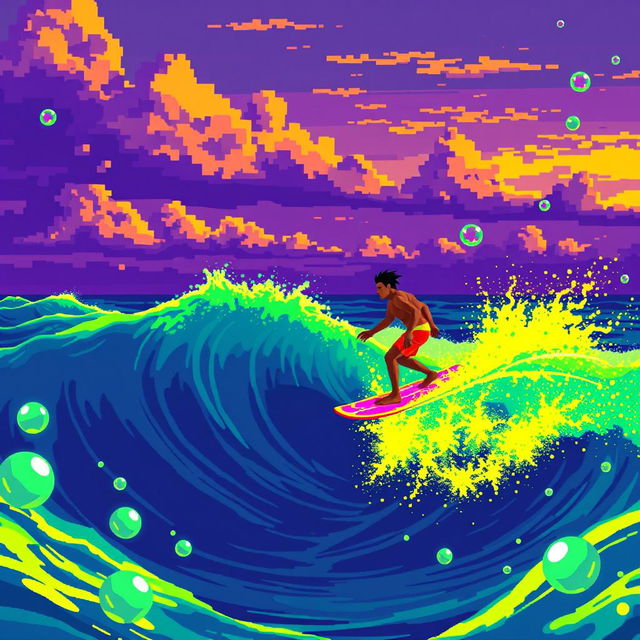 A pixel art scene featuring a surfer riding a wave in a radioactive ocean