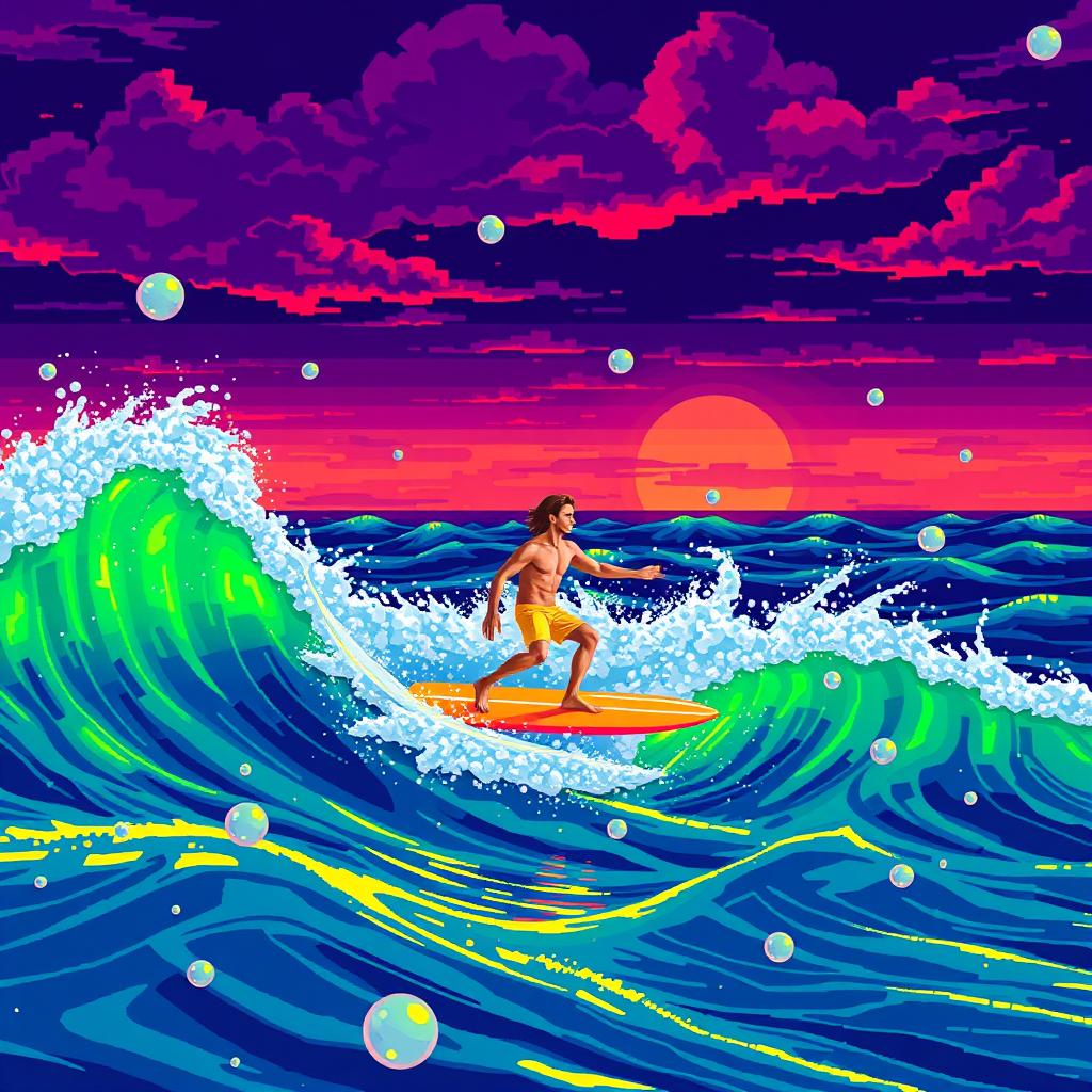 A pixel art scene featuring a surfer riding a wave in a radioactive ocean