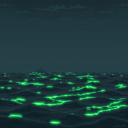 A pixel art depiction of a radioactive sea, featuring shades of gray to create a moody atmosphere