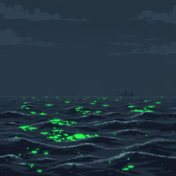 A pixel art depiction of a radioactive sea, featuring shades of gray to create a moody atmosphere