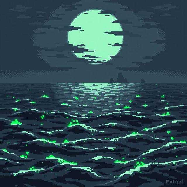 A pixel art depiction of a radioactive sea, featuring shades of gray to create a moody atmosphere