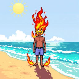 A pixel art scene depicting a person standing on a sunlit beach, with vibrant colors and detailed pixelated style