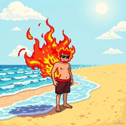 A pixel art scene depicting a person standing on a sunlit beach, with vibrant colors and detailed pixelated style
