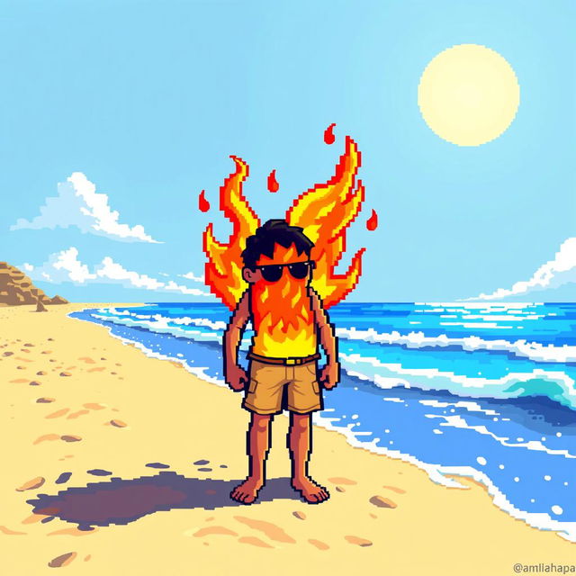 A pixel art scene depicting a person standing on a sunlit beach, with vibrant colors and detailed pixelated style