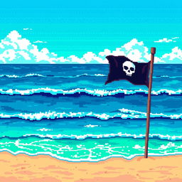 A pixel art scene depicting a vibrant sea with various shades of blue and green, representing the ocean with a surreal acidic appearance