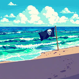 A pixel art scene depicting a vibrant sea with various shades of blue and green, representing the ocean with a surreal acidic appearance