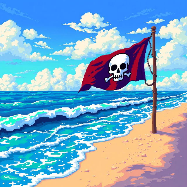 A pixel art scene depicting a vibrant sea with various shades of blue and green, representing the ocean with a surreal acidic appearance