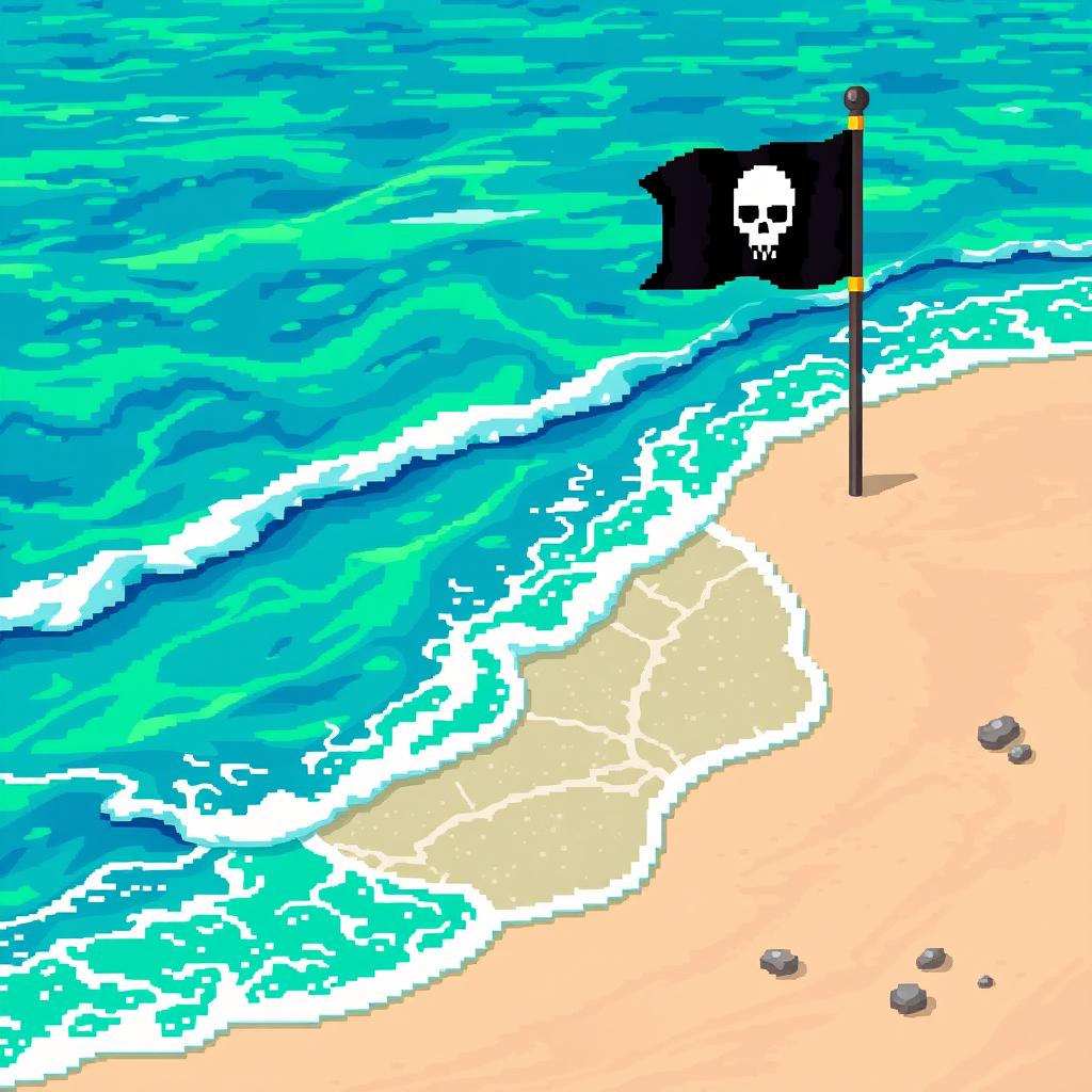 A pixel art scene depicting a vibrant sea with various shades of blue and green, representing the ocean with a surreal acidic appearance