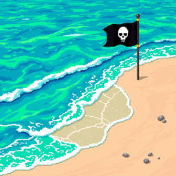 A pixel art scene depicting a vibrant sea with various shades of blue and green, representing the ocean with a surreal acidic appearance