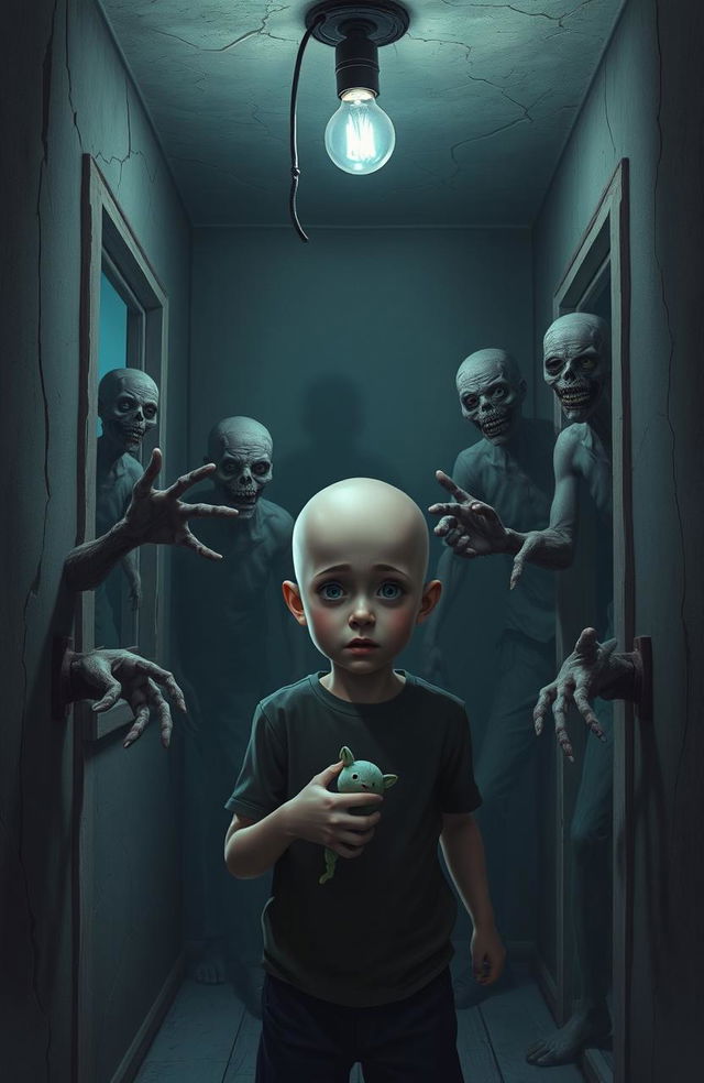 A bald boy trapped in a dimly lit, locked room, surrounded by menacing zombies looming outside the windows