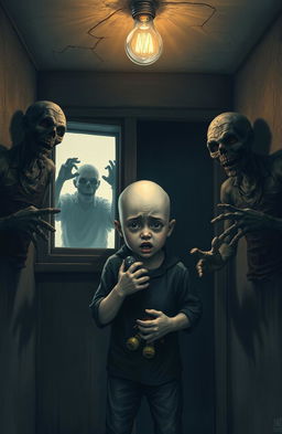 A bald boy trapped in a dimly lit, locked room, surrounded by menacing zombies looming outside the windows