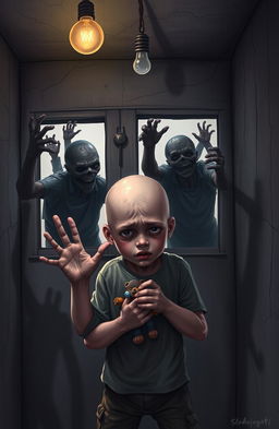 A bald boy trapped in a dimly lit, locked room, surrounded by menacing zombies looming outside the windows